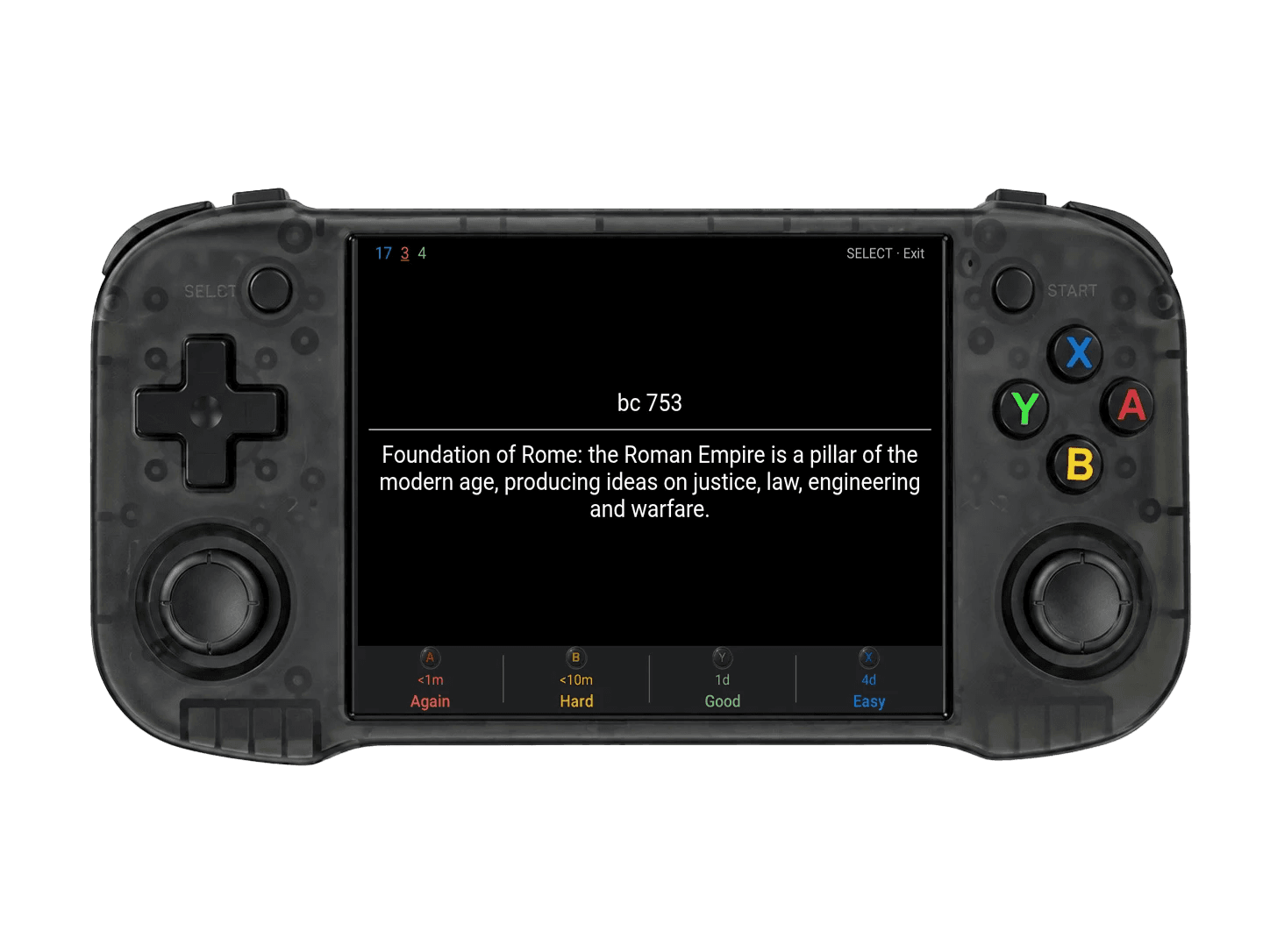 Ankiboy showing a focused history recall card and physical grading controls