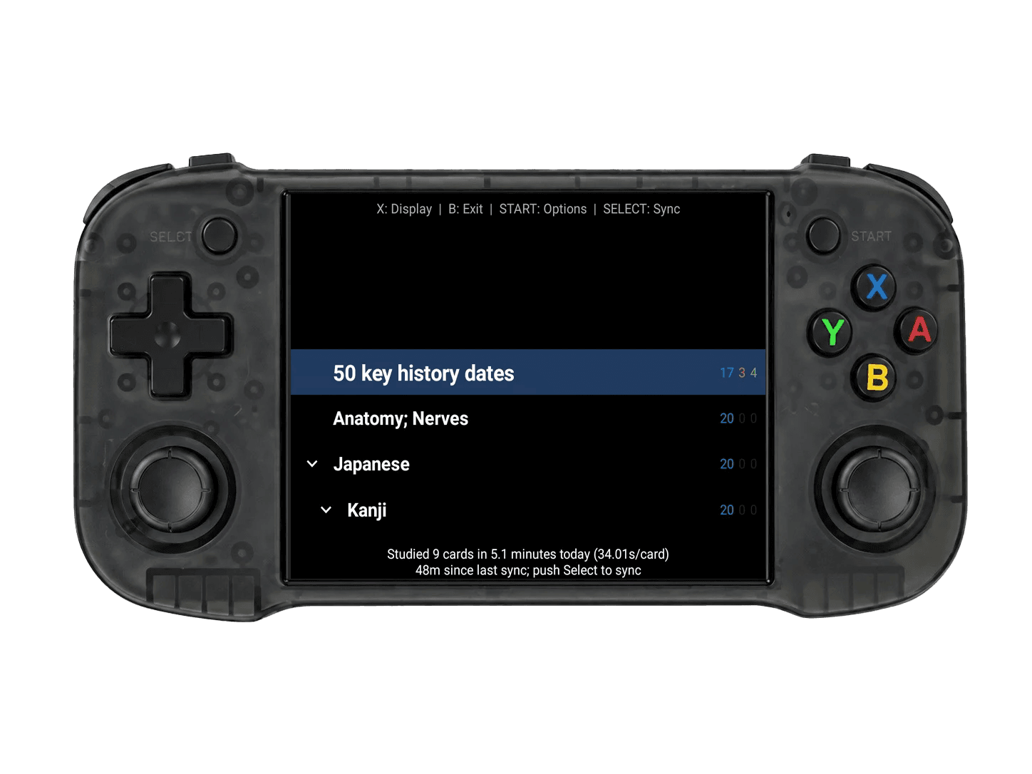 Ankiboy showing a real multi-deck hierarchy, review counts and sync status